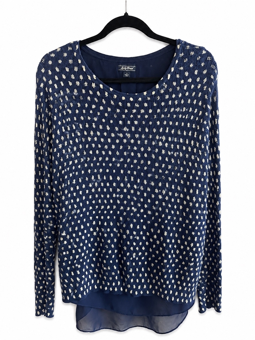 Lucky Brand 100% Cotton Navy Polka Dot Layered Sweater Split Back Chiffon Hem L